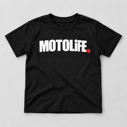 Black MOTOLiFE kids tee front flat-lay mockup with white chest wordmark and red period