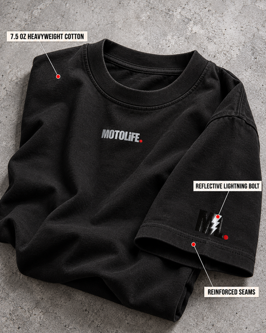 Folded V1 short-sleeve tee with heavyweight cotton, reinforced seams and reflective lightning-bolt callouts.