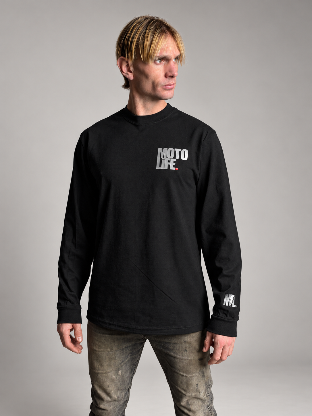 Black MOTOLiFE V2 long-sleeve T-shirt studio front view with stacked silver reflective chest logo and left forearm logo.