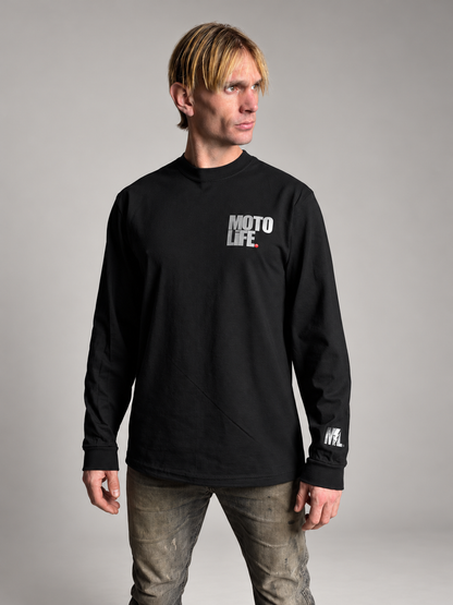 Black MOTOLiFE V2 long-sleeve T-shirt studio front view with stacked silver reflective chest logo and left forearm logo.