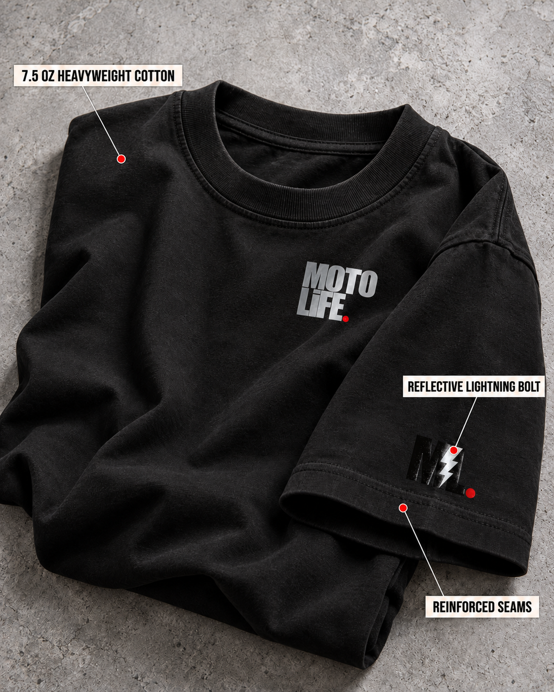 Folded V2 heavyweight short-sleeve tee with stacked chest logo, reinforced-seam and reflective lightning-bolt callouts.