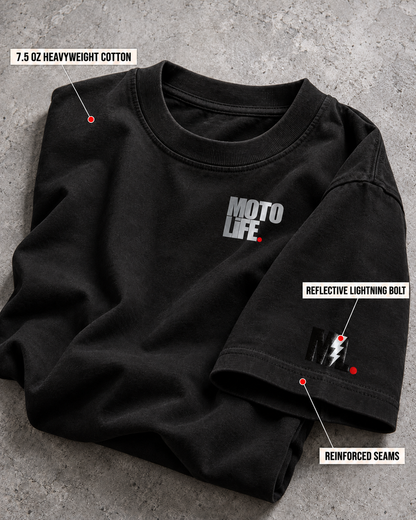 Folded V2 heavyweight short-sleeve tee with stacked chest logo, reinforced-seam and reflective lightning-bolt callouts.